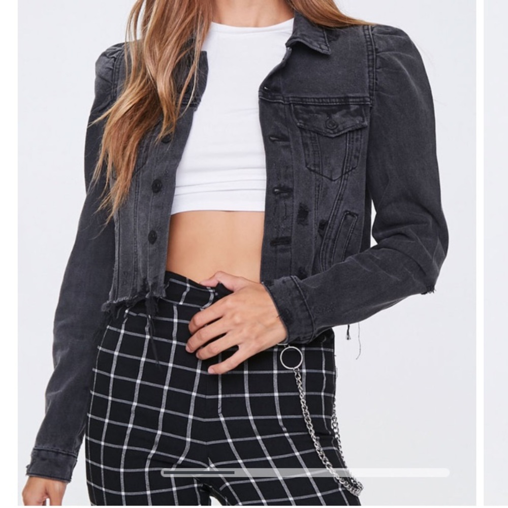 Forever 21 Frayed Puff-Sleeve Denim Jacket